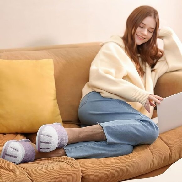 Women's Purple White Memory Foam Winter Warm Cozy Fuzzy Bedroom Slippers Shoes - Picture 2 of 6